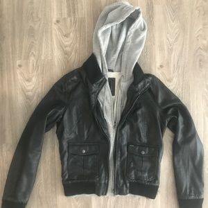 Women's OBEY Faux Leather jacket built in hoodie L